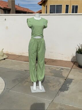 NWOT Women's Light Green Track Jogger Set with Cutout Top